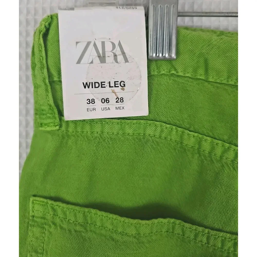ZARA ~Woman Size 6(US)~ Apple Green Mid-Rise Linen Blend Wide Leg Pants NWT.